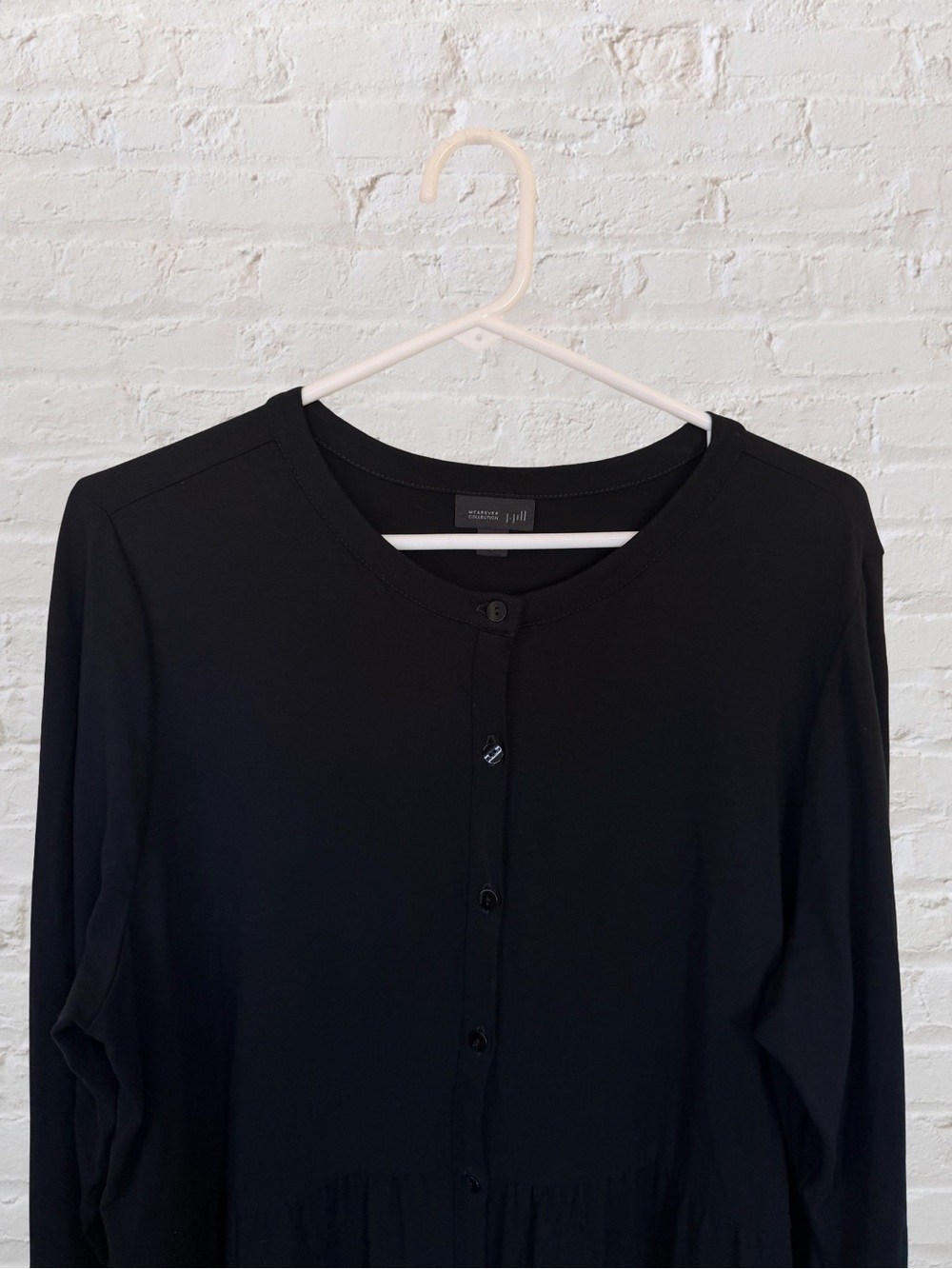 J.Jill Wearever Black Button Front Babydoll Drop Waist Midi Dress Long Sleeve L - Picture 3 of 7
